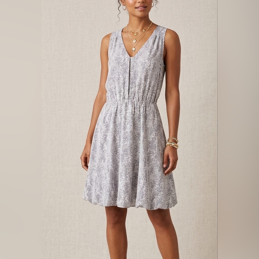 Rebecca Taylor 100% Silk Dress 6 Grey Summer Rain Print Elastic Waist Sleeveless